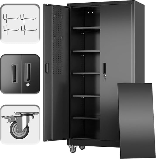 Aobabo Upgrade 71H''*32''W*16''D Metal Garage Storage Cabinet with Wheels and Pegboards, 5 Adjustable Shelves Steel Storage Cabinets for Garage,Warehouse, Black, Assembly Required