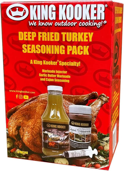 King Kooker Deep Fried Turkey Seasoning Pack - King Kooker Garlic Butter with Herbs Injectable Marinade-16 oz., Cajun Seasoning- 7 oz., 1 oz. Marinade Injector