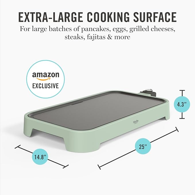 Martha Stewart 12"x 22" XL Electric Griddle, Ceramic Nonstick Flat Top | PFAS-Free Nonstick Grill, XL Cooking Surface for Pancakes & Eggs, Adjustable Temp Dial, Drip Tray, 1500W Heating, Honeydew