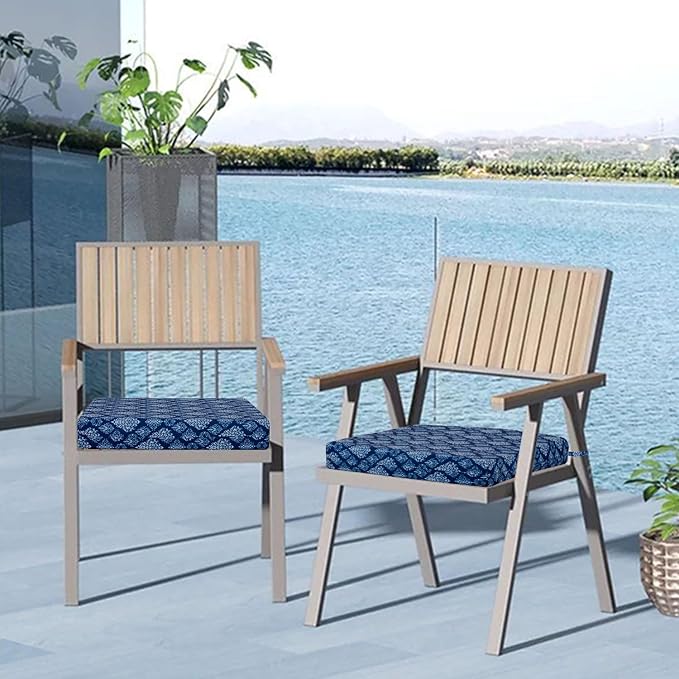 Cozyide Outdoor Chair Cushions, Waterproof Patio Seat Cushions with Adjustable Straps, Square Corner Patio Chair Cushions for Garden, Indigo Badge, 18.5x16x3 Inch (Pack of 4)