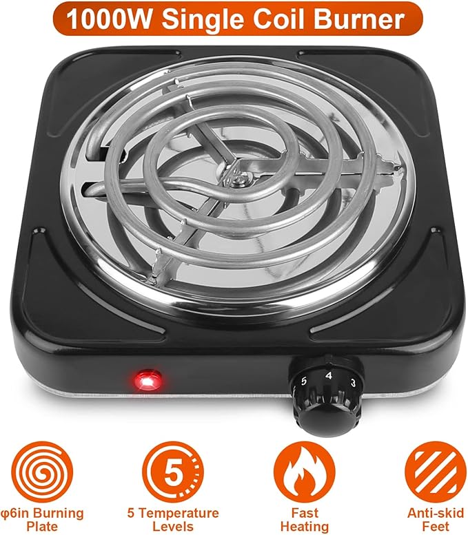 1000W Electric Single Burner, Electric Hot Plate for Cooking Portable Cooking Stove, Countertop Burner Cooktop for Kitchen, Dorm, Temperature Control, Easy to Clean, Black
