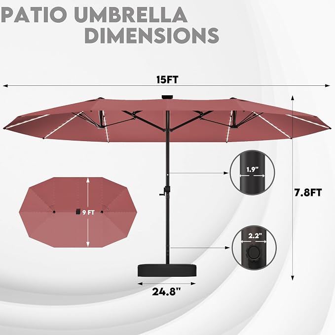 GDPFN 15ft Large Patio Umbrella with Solar Lights, Outdoor Double-Side Rectangular Umbrella with Base Included, Backyard Pool Umbrella with LED Light for Deck, Outside, Market, Burgundy