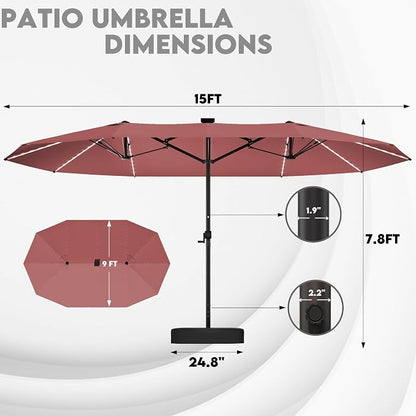 GDPFN 15ft Large Patio Umbrella with Solar Lights, Outdoor Double-Side Rectangular Umbrella with Base Included, Backyard Pool Umbrella with LED Light for Deck, Outside, Market, Burgundy