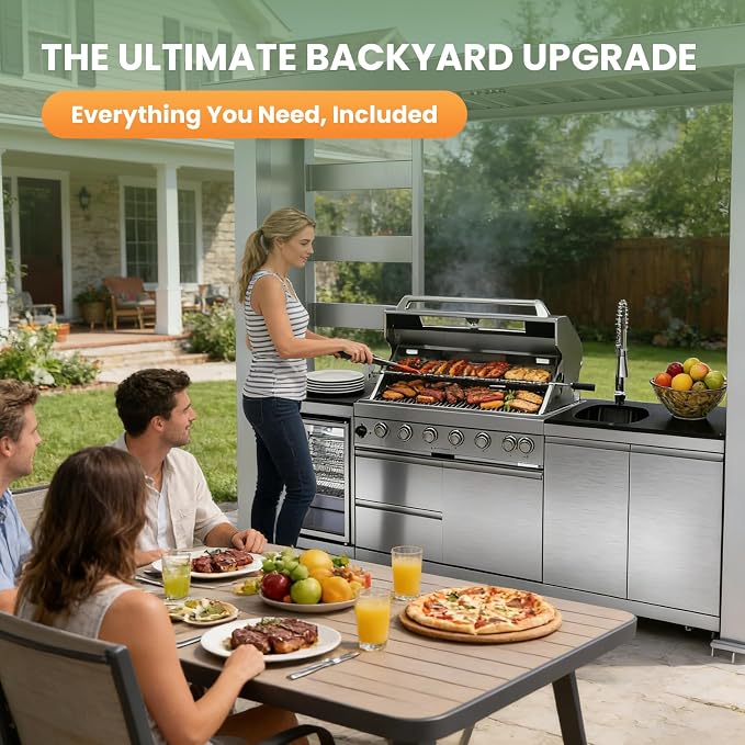 108" Outdoor Kitchen Island Crafted from Stainless Steel,6-Burner 85,000 BTU Propane Grill,Rotisserie Oven,Galvanized Steel Roof,Granite Countertops,Refrigerator,Storage Cabinets,Sink.(Propane Gas)
