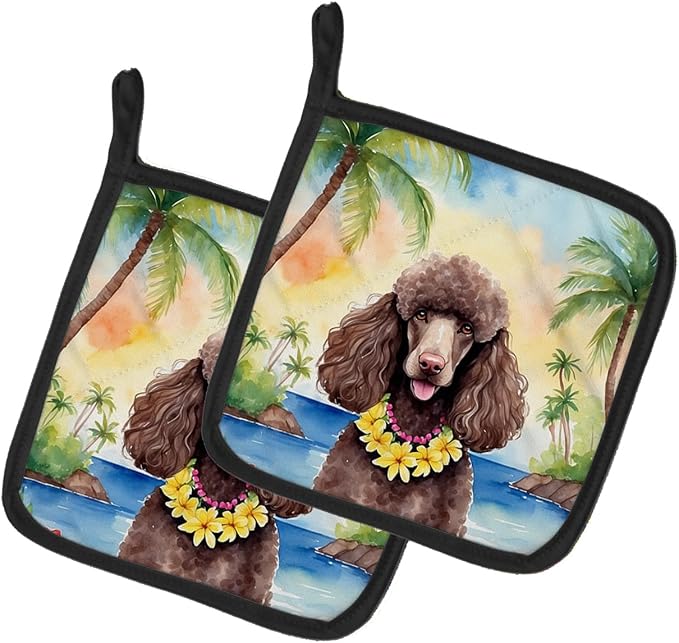 Caroline's Treasures Chocolate Poodle Luau Pair of Pot Holders Kitchen Heat Resistant Pot Holders Sets Oven Hot Pads for Cooking Baking BBQ, 7 1/2 x 7 1/2