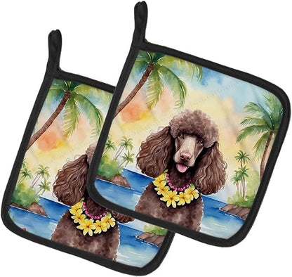 Caroline's Treasures Chocolate Poodle Luau Pair of Pot Holders Kitchen Heat Resistant Pot Holders Sets Oven Hot Pads for Cooking Baking BBQ, 7 1/2 x 7 1/2