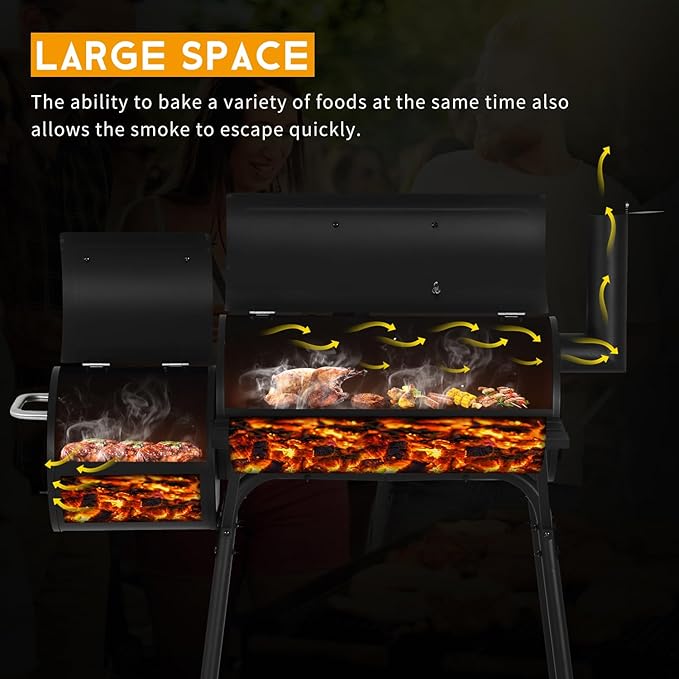 43"Charcoal Grills with 2 Wheels Portable Charcoal Grill Side Fire Box, Outdoor BBQ Grill for 6-10 People Patio Backyard Camping Picnics, Black