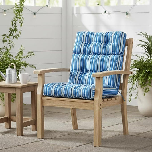 Outdoor Tufted High-Back Chair Cushions, One-Piece Hinged Seat and Back Design, Reversible with 4 Ties, Durable Polyester Fabric, Recycled Fiber Fill - Single, Sapphire Stripe