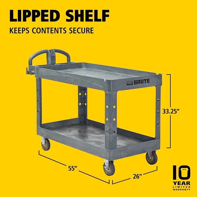 Rubbermaid Commercial Products BRUTE Heavy Duty 2-Shelf Utility/Service Cart, Large, Lipped Shelves, Ergonomic Handle, 750 lbs. Capacity, Black, for Warehouse/Garage/Cleaning/Maintenance/Stadiums
