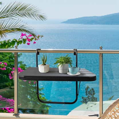 Balcony Railing Table Hanging Folding Deck Railing Table Outdoor Balcony Bar Tables for Railings Hanging Patio Adjustable Aluminium 23.6"(L) x 15.7"(W) All Weather Black