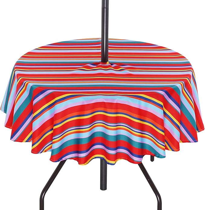 SquarePie Round Outdoor Tablecloth with Umbrella Hole - 70 Inch Water Resistant & Spillproof Table Cloth,Zippered Patio Picnic Table Cover for Spring/Summer/Camping/Picnic/BBQs/Backyard,Color Stripe