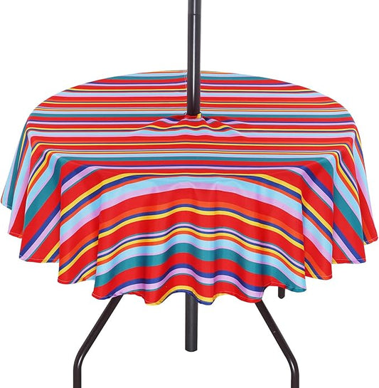 SquarePie Round Outdoor Tablecloth with Umbrella Hole - 70 Inch Water Resistant & Spillproof Table Cloth,Zippered Patio Picnic Table Cover for Spring/Summer/Camping/Picnic/BBQs/Backyard,Color Stripe