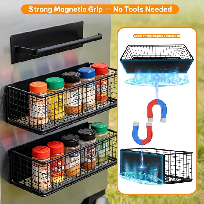 2 Pack Magnetic Storage Bin for Trae-ger Grills, Trae-ger Accessories for Smoker with Paper Towel Holder & 10 Hooks, Fits Trae-Ger Pro 22/34/575/780, Ironwood 650/885, Pit-Boss & Z-Grills