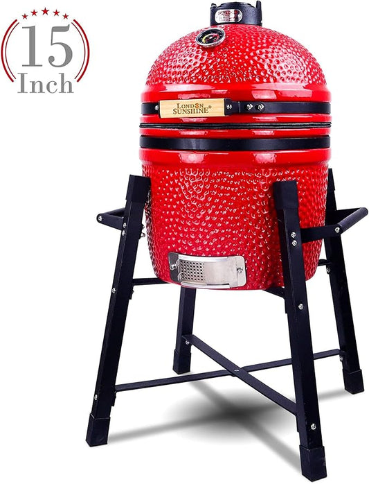 London Sunshine Ceramic Kamado Charcoal BBQ Grill and Smoker, Stainless Steel Grates -15" Ceramic with Tall Stand (RED)
