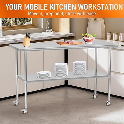 Stainless Steel Table with Wheels for Food Prep & Work 30" x 60" Utility Table with Adjustable Undershelf, Commercial Workstation in Kitchen, Garage, Home and Hotel
