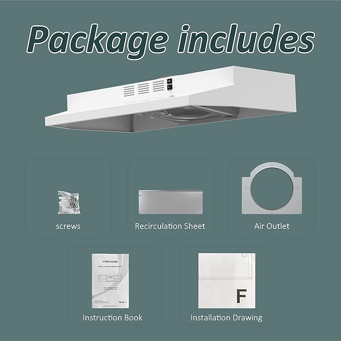 FIREGAS Range Hood 30 inch Under Cabinet, Kitchen Hood with 2 Speed Exhaust Fan,Ducted/Ductless Convertible, Rocker Button Control,300 CFM, White Stove Hood Vent Aluminum Filter Included