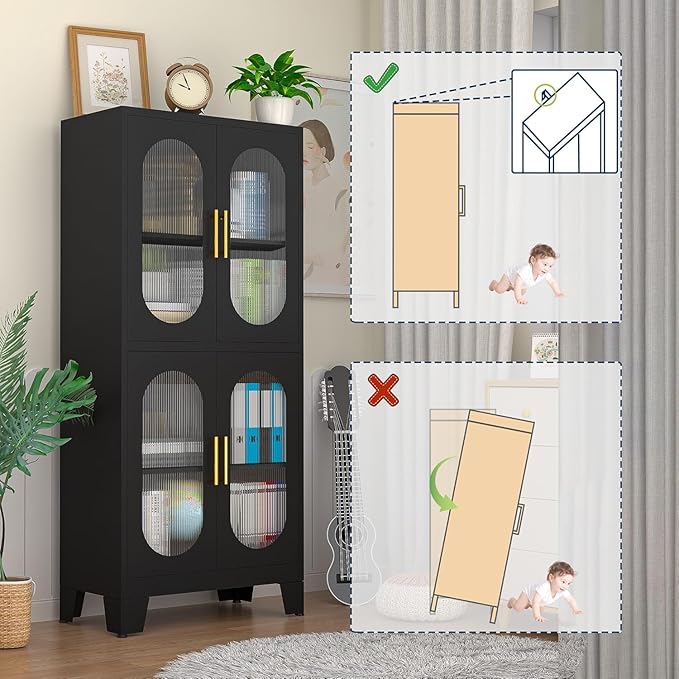 GAIOUS Black Kitchen Pantry Cabinet, Pantry Storage Cabinet with Acrylic Glass Doors and Adjustable Shelves, Tall Versatile Storage for Kitchen, Dining Room, Home Office and Bedroom