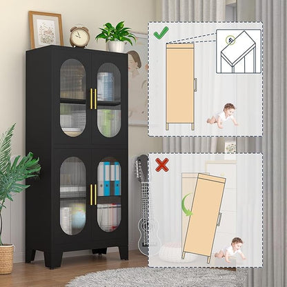 GAIOUS Black Kitchen Pantry Cabinet, Pantry Storage Cabinet with Acrylic Glass Doors and Adjustable Shelves, Tall Versatile Storage for Kitchen, Dining Room, Home Office and Bedroom