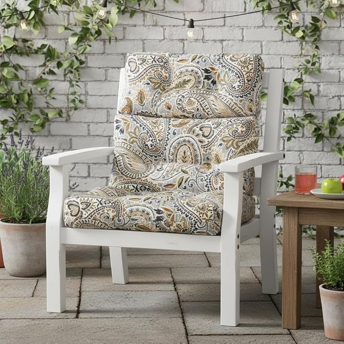 Outdoor Tufted High-Back Chair Cushions, One-Piece Hinged Seat and Back Design, Reversible with 4 Ties, Durable Polyester Fabric, Recycled Fiber Fill - Single, Arctic Paisley
