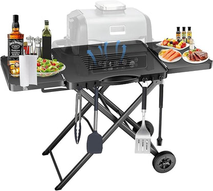 Portable Grill Cart for Ninja Woodfire OG700 OG800 OG900, Blackstone Griddle, for Weber Q100 Q200 Q300, Pizza Oven, Collapsible Grill Stand for Most Portable Grills, Large Surface Grill Trolley