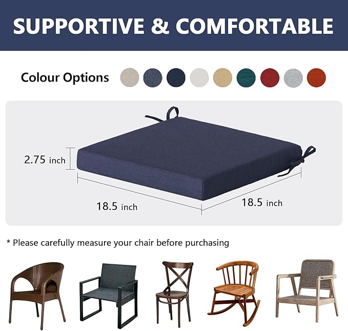 Goodgoods 18.5 x 18.5 Outdoor Chair Cushions Set of 4, Fade-Resistant & Water-Resistant Patio Seat Cushion Pads with Ties, 30D High-Resilience Foam for Dining Room Kitchen Chairs, Midnight