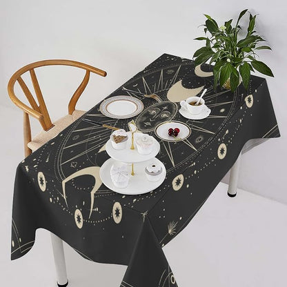 Vintage Moon Sun Tablecloth Moon Phase Star Galaxy Zodiac Signs Moonlight Table Cloth Water Resistant Wipeable Table Cover for Farmhouse Picnic Party Holiday Kitchen Dinner Table 60"x110"