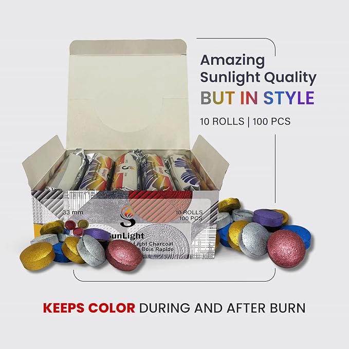 Sunlight Colors - Charcoal Tablets for Incense – Quick Light Charcoal Tablets – Incense Charcoal for Parties – 33 mm Resin Burner Rolls – Pack of 100 Coal Briquettes - No Scent - No Smoke -
