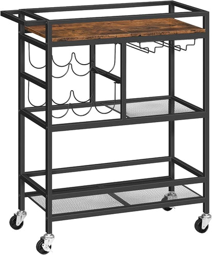 MAHANCRIS Bar Cart for Home, 3-Tier Serving Cart with Wheels and Handle, Beverage Cart with Wine Rack and Glass Holders, Rolling Wine Cart for Kitchen, Dining Room, Rustic Brown RCHR6101