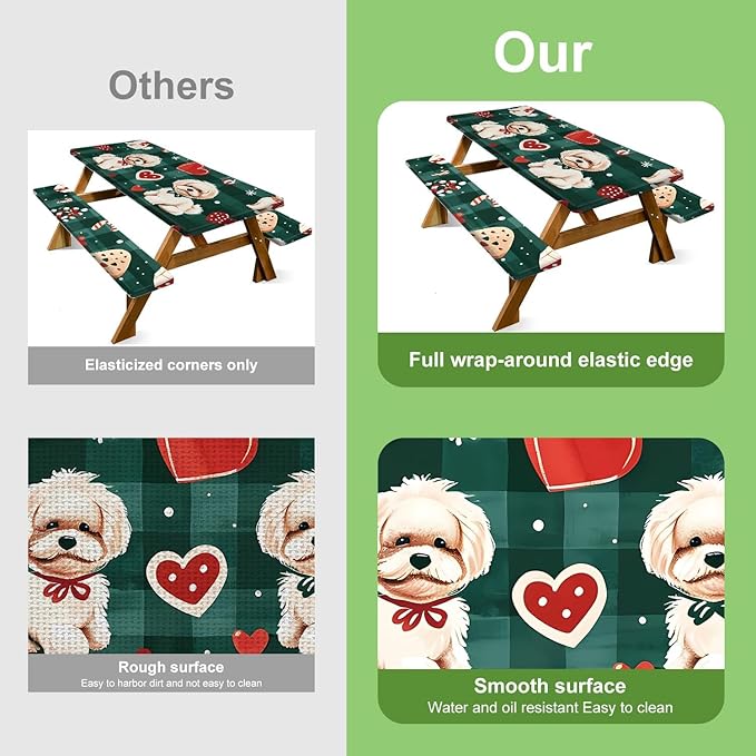Christmas Picnic Table Cover with Bench Covers Set, Elastic Fitted Tablecloth for Outdoor Picnic Tables, Green Plaid Design with Cute Puppy and Heart Pattern, Durable Vinyl Cover for Campin