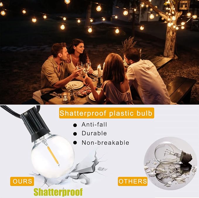200FT Outdoor Patio Lights Waterproof G40 LED Globe String Lights for Outside with 104 Shatterproof Plastic Bulbs Bistro Lights for Backyard Gazebo Cafe Market, 2Pack x 100FT