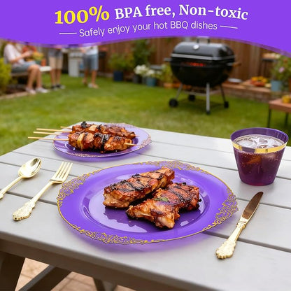 AIRE 175PCS Purple Gold Plastic Plates for Party Dinnerware Sets for 25 Guests, Vintage Disposable Plastic Party Plates Cups Spoons Forks Knives Napkins for Wedding Birthday Christmas BBQ Parties