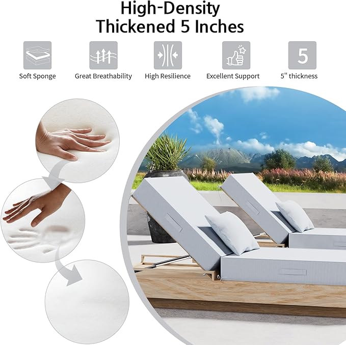 Outdoor Water-Resistant Olefin Chaise Lounge Cushions with Pillow, Weather and Fade Resistant Patio Furniture Lounge Chair Cushion Ideal for Patio, Lawn, Garden, Light Gray, 72"L x 21"W x 5"T
