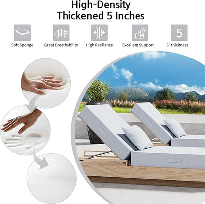 Outdoor Water-Resistant Olefin Chaise Lounge Cushions with Pillow, Weather and Fade Resistant Patio Furniture Lounge Chair Cushion Ideal for Patio, Lawn, Garden, Light Gray, 72"L x 21"W x 5"T
