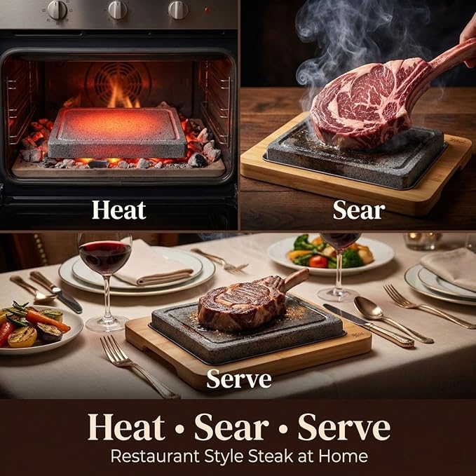 Artestia Steak Stone Set, 2PCS Volcanic Lava Stones, 8.46 x 6.49 in | Hot Stone Cooking Set with Bamboo Trays for Tabletop Sizzling Steak, Meat, Seafood & Vegetables, Restaurant-Style Dining