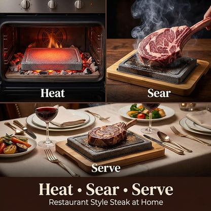 Artestia Steak Stone Set, 2PCS Volcanic Lava Stones, 8.46 x 6.49 in | Hot Stone Cooking Set with Bamboo Trays for Tabletop Sizzling Steak, Meat, Seafood & Vegetables, Restaurant-Style Dining