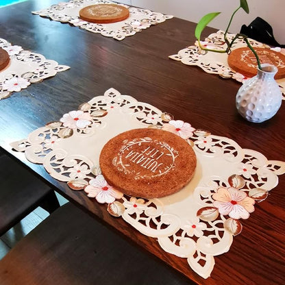 LeLehome Set of 4 Flower Embroidered Placemats, Oblong Beige Rose Lunchmats Place Mats, Home Kitchen Dining Restaurant Party Indoor Decor Rectangular Table Mats, 18 Inch X 12 Inch