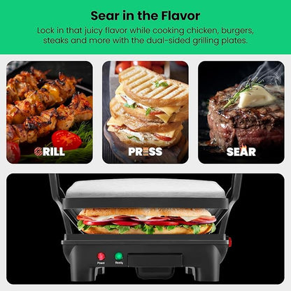 Chefman Panini Press Grill and Gourmet Sandwich Maker Non-Stick Coated Plates, Opens 180 Degrees to Fit Any Type or Size of Food, Stainless Steel Surface and Removable Drip Tray, 4 Slice, Black