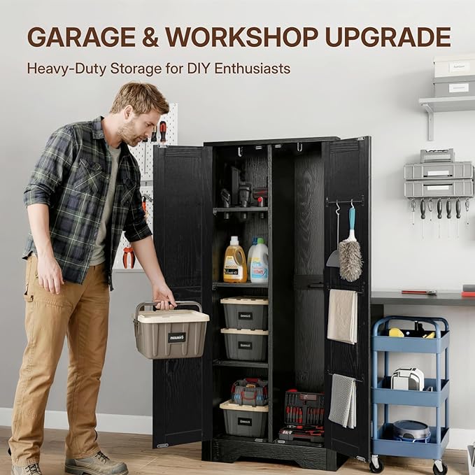NORTHSKY Wooden Storage Cabinet, 55" Broom Closet & Vacuum Cleaner Holder Compatible with Dyson, Utility Cabinet for Brooms&Mops,Cleaning Cabinet w/Doors for Garage,Laundry,Mudroom,Home Office,Black