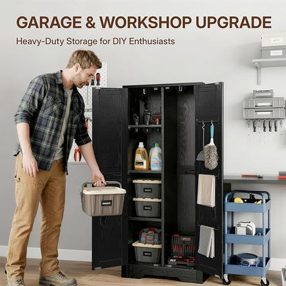NORTHSKY Wooden Storage Cabinet, 55" Broom Closet & Vacuum Cleaner Holder Compatible with Dyson, Utility Cabinet for Brooms&Mops,Cleaning Cabinet w/Doors for Garage,Laundry,Mudroom,Home Office,Black