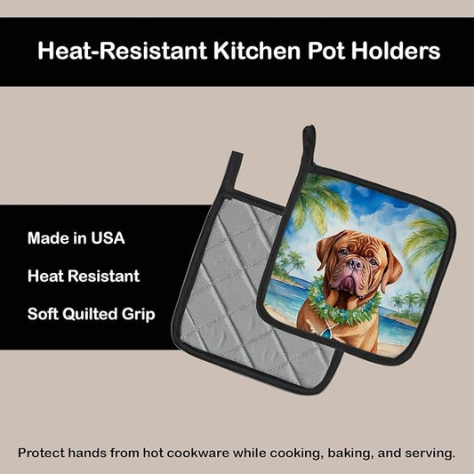 Caroline's Treasures Dogue de Bordeaux Luau Pair of Pot Holders Kitchen Heat Resistant Pot Holders Sets Oven Hot Pads for Cooking Baking BBQ, 7 1/2 x 7 1/2