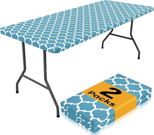 Smiry 2 Pack Rectangle Table Cloth 6 Foot, Waterproof Elastic Fitted Tablecloths, Windproof Washable Polyester Table Cover for Picnic, Camping, Outdoor (Light Blue, 30"x72")