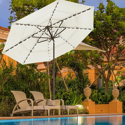 EliteShade USA 10-Year-Non-Fading 9ft 3-Tier Market Patio Umbrella, Commercial Table Umbrella with 80 Solar LED Lights, Crank Open, Windproof & UPF 50+ UV Protection for Garden, Deck, Pool, Backyard, Natural