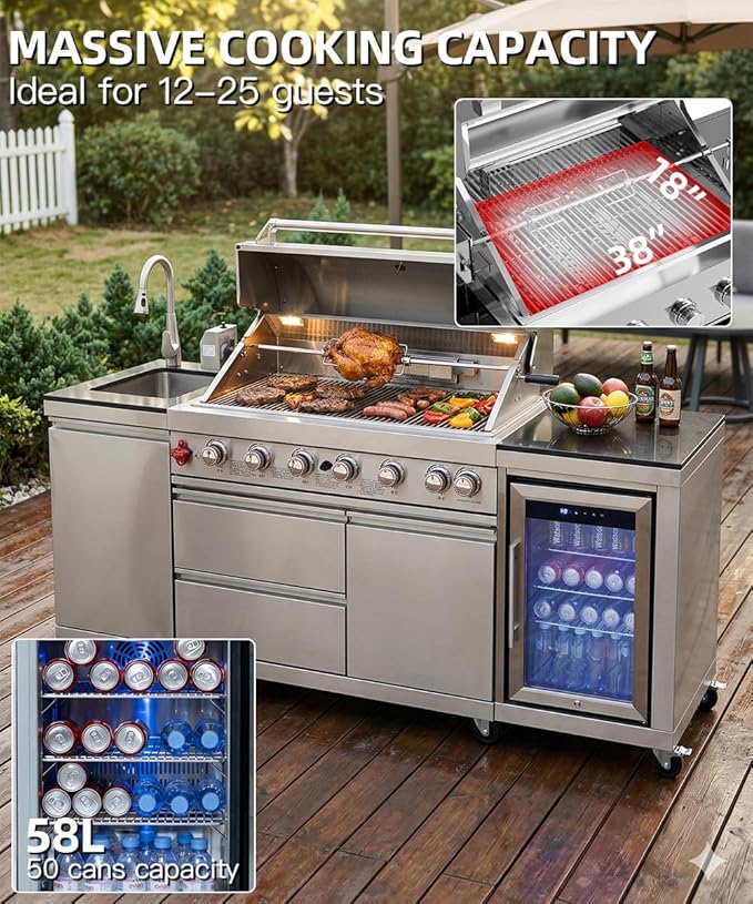 BBQ Outdoor Kitchen Island Grill Barbecue Modular Patio Kitchens Kits with Electric Rotisserie, Sink, fridge, and Burner for More than 10 People