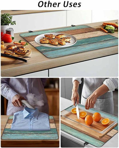 Stove Top Covers for Electric Stove 24x21 Inches,Turquoise Brown Retro HeatResistant Glass Cooktop Protector,Vintage Farmhouse Wood Grain Ceramic Stovetop Countertop Covers Mat,Distressed Oven Cover