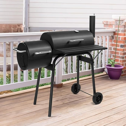 30-Inch Heavy Duty Barrel Charcoal Grill with Offset Smoker, All Metal Outdoor BBQ Grill with Side Table & Wheels, Large Cooking Area for Backyard, Patio, Garden Cooking and Smoking