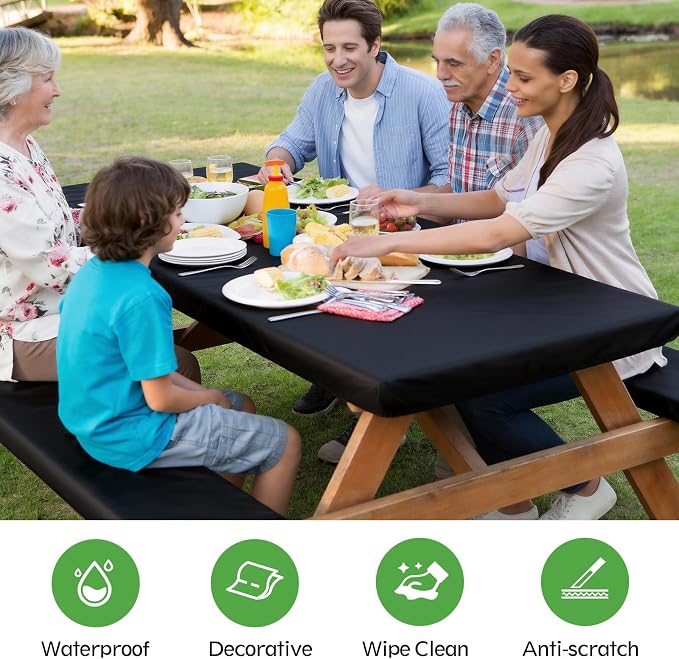 Picnic Table Cover with Bench Covers, Waterproof Tablecloth Set, Black | Fitted 6ft Tables, for Outdoor Camping, RV, Includes 1 Table Cover(30"x72"), 2 Bench Covers(72"x12"), Drawstring Storage Bag