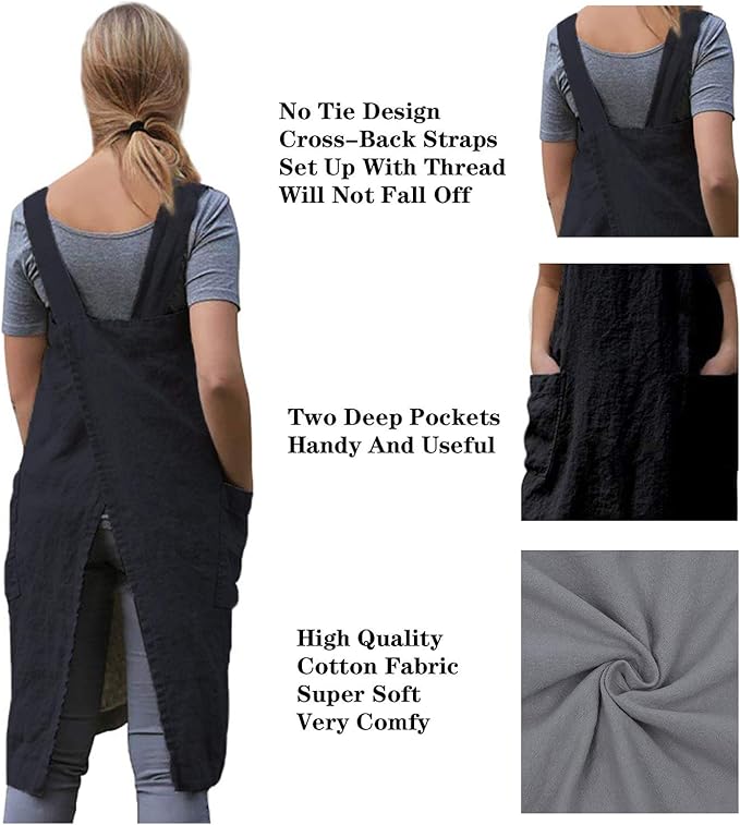 TBA Cotton Linen Apron Cross Back Apron for Women with Big Pockets Square Pinafore Dress for Baking Cooking BBQ & Grill