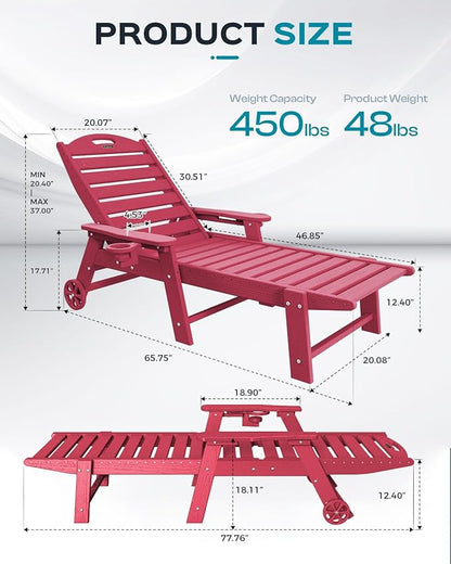 Ciokea Lounge Chair Outdoor, Oversized Chaise Lounge Chair with 5 Positions, HDPE, Patio Lounge Chair with Wheels & Cup Holder for Pool, Deck, Poolside, Red