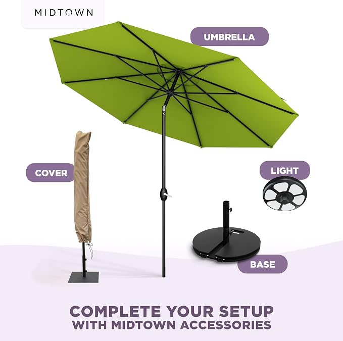 Midtown Umbrellas - 10-Year-No-Fade 8 Ft Patio Umbrella with Terylast Fabric, Auto-Tilt Aluminum Frame and 8 Reinforced Ribs for Deck, Pool, Garden & Beach - Pear Green Canopy, Black Pole