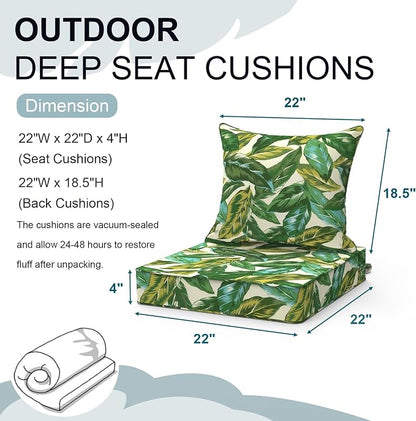 DYTXIII Outdoor Deep Seat Cushion Set, Water Repellent 22"x22" Patio Thick Cushions Replacement with Seat & Back Pillow for Patio Sofa, Wicker Chair, Couch - Lush Leaf Jungle